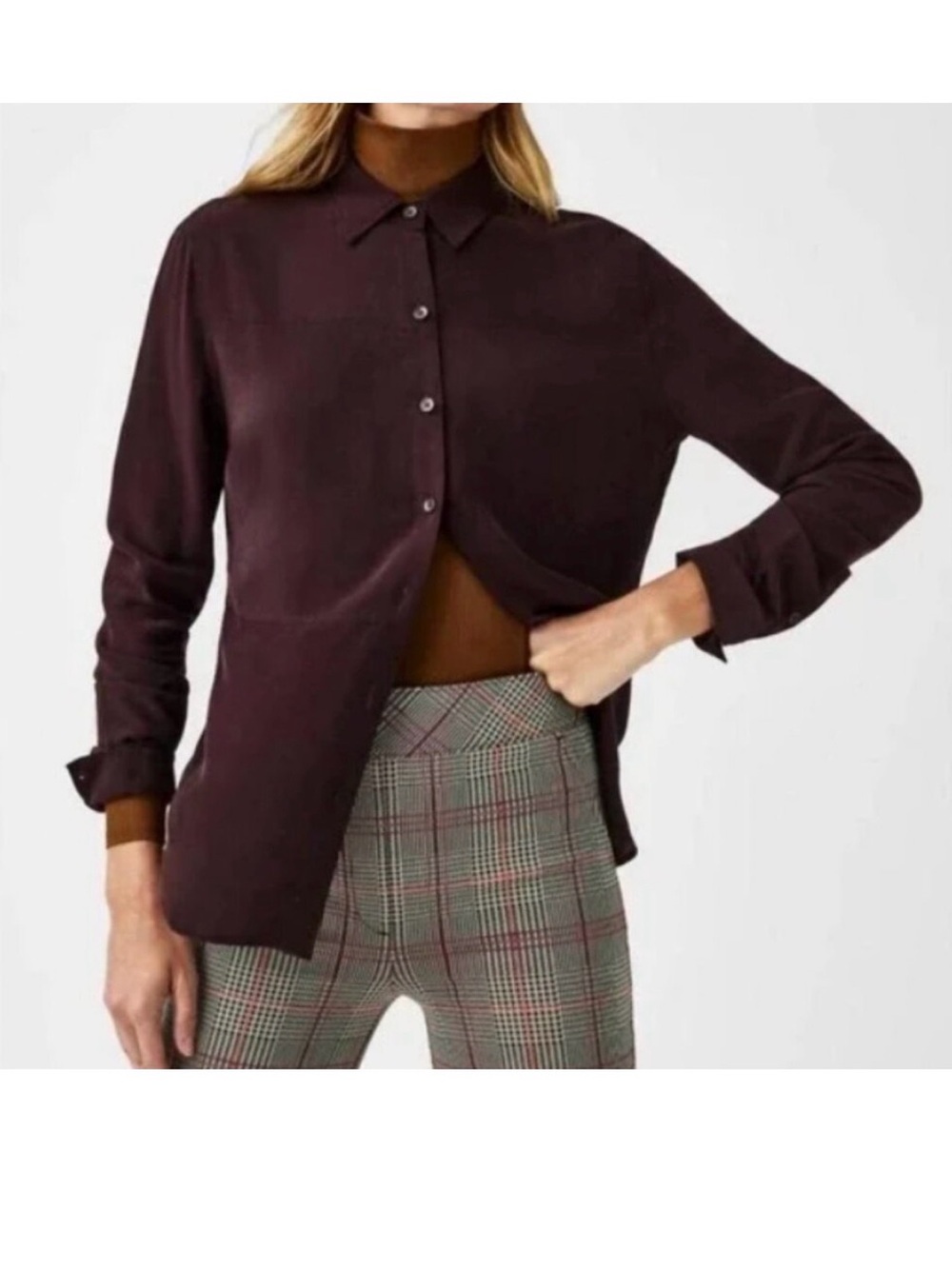 SPANX Low Maintenance Silk Button-Front Blazer Shirt Size Medium